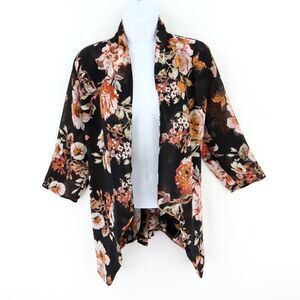 Xhileration Cardigan Womens Size L Black Floral 100% Polyester 3/4 Sleeve‎ Sheer